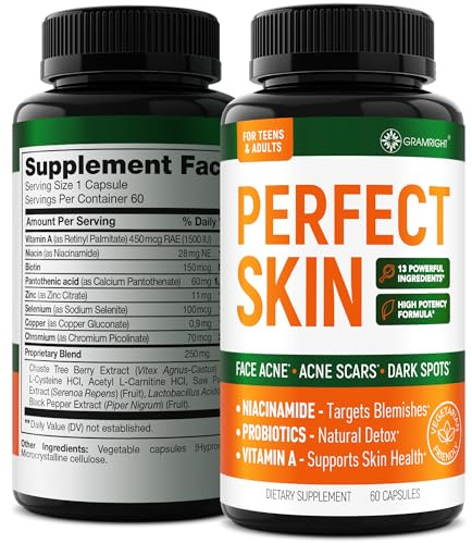 Perfect Skin Acne Pills - Clear Skin Supplement with Niacinamide, Probiotic, Zinc & Vitamin A - Anti Acne Vitamins for Teens, Men & Women - Support for Face & Back Acne, Acne Scars - 60 Capsules