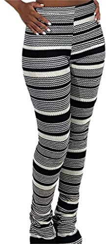 Atyfuniby Stacked Pants for Women - High Waisted Knitted Splice Striped Sweatpants Skinny Leggings Club Streetwear Black White XXL