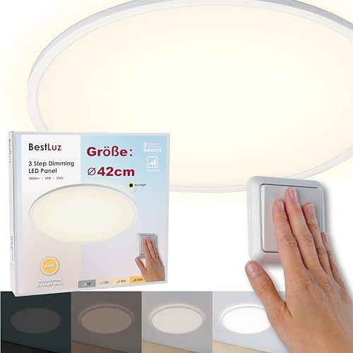 BestLuz LED Deckenleuchte Ø 42cm LED Panel Deckenlampe Rund 24W 2800LM Dreistufige Dimmung Neutralweiß 4000K mit Backlight-Effekt für Badezimmer Schlafzimmer Wohnzimmer Küche Bad Keller, Ultra Dünn