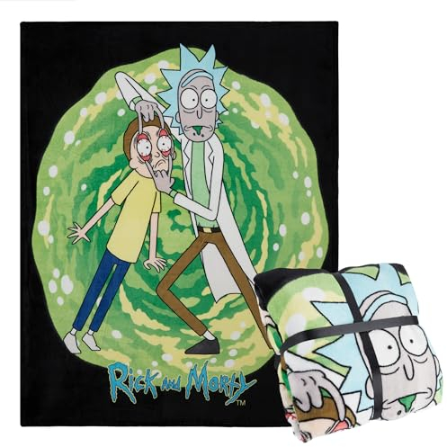 RICK AND MORTY Kuscheldecke Flauschig 150x130 cm - Couch Decke für Herren - Superweiche Couch Decken aus Fleece Geschenke (Grün/Schwarz)