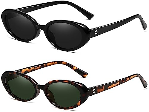 Breaksun Retro Oval Sunglasses for Women Men Fashion Small Oval Sunglasses 90s Vintage Shades (Black/Grey+ Leopard/G15)