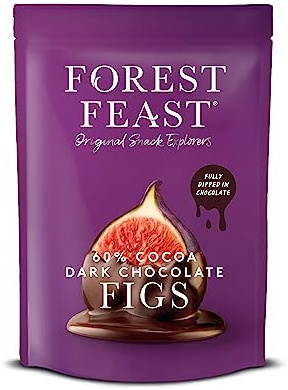 Forest Feast Belgian Dark Chocolate Mountain Figs 140g Bag - Luxury Chocolate Coated Fig Snack - 60% Belgian Dark Chocolate- Vegan, Gluten Free, Palm Oil Free