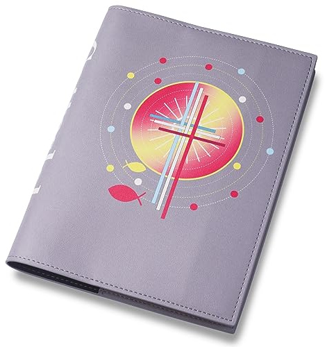 LParkin Gotteslob Housse de protection avec croix poissons, en cuir synthétique, pour livre de chants pour communion, 15 x 22 cm, gris