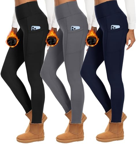 HIPOWER Lot de 3 leggings thermiques pour femme, doublés, taille haute, en polaire opaques, noirs, poches, sous-vêtements thermiques, pantalon de course, pantalon de yoga