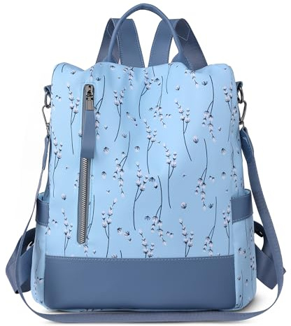 SODOLLEE Kleiner Rucksack Damen Anti-Diebstahl – Leichter Cityrucksack mit Blumenmuster, wasserabweisender Alltagsrucksack für Alltag, Freizeit & Reisen Blau