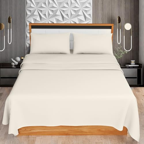 KOHSAR Cream Double 4 Pieces Sheet Set (Flat Sheet + Fitted Sheet + 2 Pillowcases) - Cream Bed Sheets Double Bedding Set - Easy Iron Double Bed Sheets Set - Poly Cotton Double Bed Sheet Set