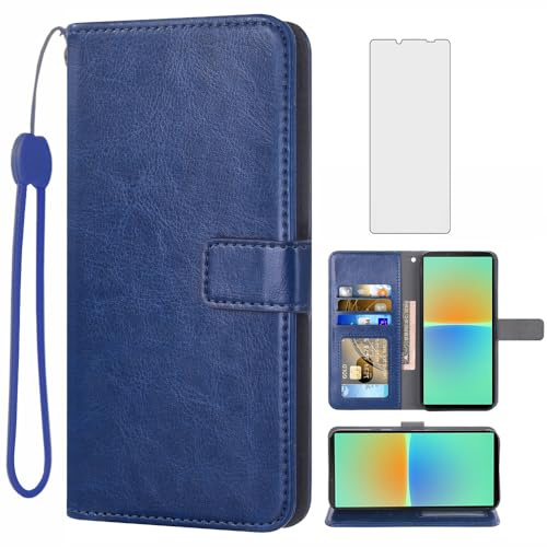 Asuwish Handyhülle für Sony Xperia 10 IV XQ-CC54 Hülle mit Folie Schutzfolie und Kartenfach Klappbar Leder Geldbörse Ständer Handyhüllen Cover 10IV 4 5G Handy Hüllen Schutzhülle Phone Case Blau