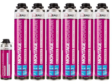dubaust MSP24 monteringsskum, pistolskum, 750 ml, kombinationsset PU fyllningsskum, isoleringsskum, hög ljudisolering, värmeisolerande B2 (med rengöringsmedel PRS24 500 ml, 6x 750 ml)