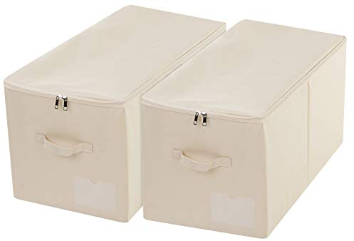Amonsen 2 cajas de almacenamiento de tela plegables grandes con tapa con cremallera para ropa de cama Queen/King Size ropa de invierno en el dormitorio armario, beige