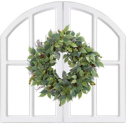 Sintosin Rustic White Arch Window Frame 30 Inch Tall, 2 Pcs Hanging Distressed White Vintage Window Frame Wall Decor Living Room, Handmade Wooden Frame Fake Window Wall Decor for Entryway Bedroom