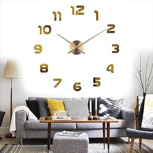 Yolistar Modern DIY Grande Horloge Murale,3D Miroir Autocollant Metal Silencieuse Pendule Murale,Pendule Murale Moderne Métallique Horloge Décorations de Bureau Domicile-Doré Nombre Grand