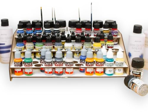 Hartem - Expositor Modelismo Frontal de Madera | Soporte Organizador de Pinturas Acrílicas y Pinceles para Miniaturas y Maquetas | 52 Botellas de 18 ml + 8 Botellas 35 ml o 60 ml y 22 Pinceles
