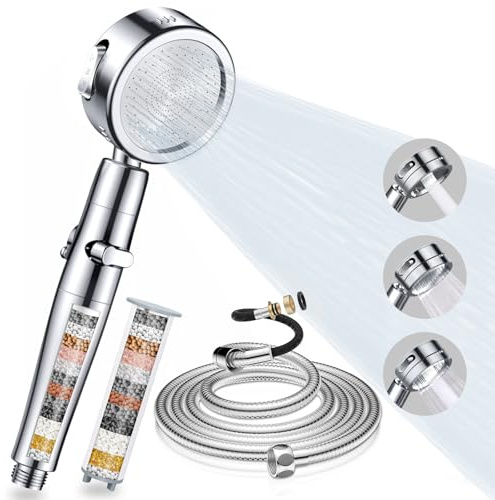 Duschkopf mit Schlauch 2M, Hochdruck Duschkopf mit Filter, Wassersparender Duschbrause mit 3 Strahlarten, Shower Head with Stoppfunktion für Hartes Wasser, Rest-Chlor, Bakterien, Schwermetall