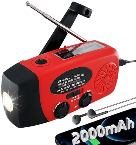 Radio solare di emergenza con manovella meteorologica, radio portatile AM/FM-NOAA con batteria da 2000 mAh, allarme SOS e torcia LED a energia solare per campeggio, emergenza