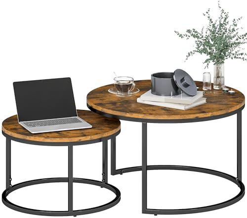 HOMCOM Round Coffee Table Set of 2, Nesting Tables with Steel Frame for Living Room, Bedroom, Home Office, 78.5 x 78.5 x 46.5 cm, Rustic Brown