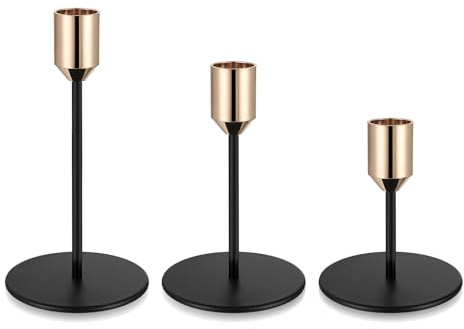 3 Pz Porta Candele da Tavolo Moderno, Portacandele Dorati, Portacandele da Tavolo Coniche Oro/Neri, Candelabro in Metallo Decorazioni per Casa, Centrotavola per Feste di Matrimonio(Stile a Cono)