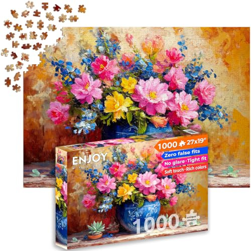 Puzzle 1000 pièces pour Adultes - Bouquet de Fleurs Roses et Plantes Grasses à l'aquarelle | Finition Mate antireflet | Puzzle Amusant et exigeant | 68 x 48 cm | Cadeau Original | Enjoy