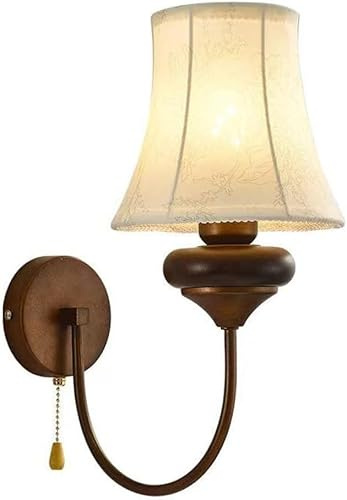 Vintage E14 Wall Sconce with Pull Chain Switch - Beige Fabric Shade, Brown Metal & Wood Aent - Traditional Bedside Reading Lamp for Bedroom, Living Room & Hallway