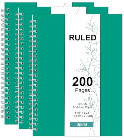 RICHER HOUSE Anteckningsbok A5 linjerad, 80 GSM spiralblock, anteckningsblock, 3 stycken, 100 ark/200 sidor, collegeblock, hårt omslag, avrivbart med 7 mm, anteckningsböcker för hem, skola och kontor