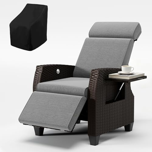 Fiutazge Transat Jardin Exterieur,Chaise Longue Jardin avec Coussin,Fauteuil Relax Jardin en Rotin,Dossier RéGlable,Table Latérale,Bain de Soleil pour Intérieur,Extérieur,Gris Coussin