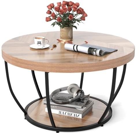 COSTWAY 2-Tier Round Coffee Table with Storage Shelf, Metal Frame Industrial Accent Cocktail Center Unit Sofa Side Tea Table for Living Room, Bedroom and Office, 80x80x45cm (Naural+Black)