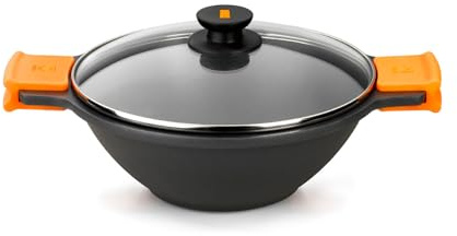 BRA Efficient | Padella Wok/Casseruola concava con Coperchio in vetro, Manici di Silicone, Metal, Nero, 32cm