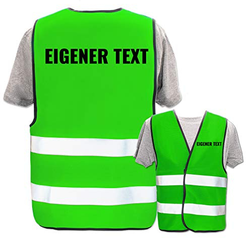 Bedruckte Warnwesten mit ISO-Leuchtstreifen * Standard- oder Reflex-Druck * Erste Hilfe und Brandschutz * Begriff: Eigener Text * Farbe (Größe): Neon Grün (M/L)