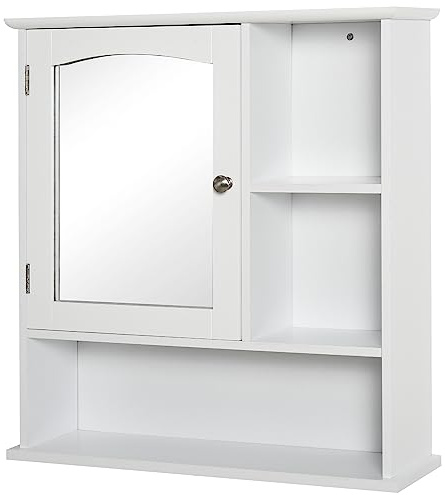 kleankin Bathroom Cabinet, Wall Mount Storage Organizer with Mirror, Adjustable Shelf for Bathroom, Kitchen, Bedroom, White