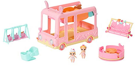 BABY born 904763 Surprise Babies Bus - rosa Spielzeugbus für kleine Mini Puppen mit 2 exklusiven Püppchen, Drillingsbuggy, Wippe, Karussell, Rutsche und Drillingsschaukel.