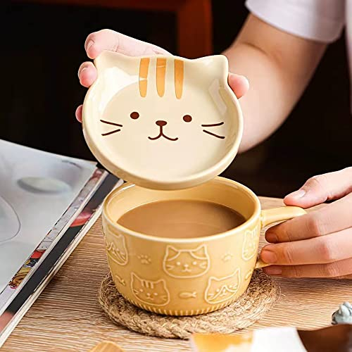 Kafei Taza bonita japonesa de 300ml, taza de café Kawaii con cabeza de gato de cerámica creativa con tapa, taza de desayuno para parejas en casa, taza de leche, taza de agua, taza de café