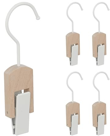 Relaxdays Stövelkrokar set om 5, järn och trä, klämkrokar för upphängning, gummerade klämmor, krokar med klämma, vit/natur
