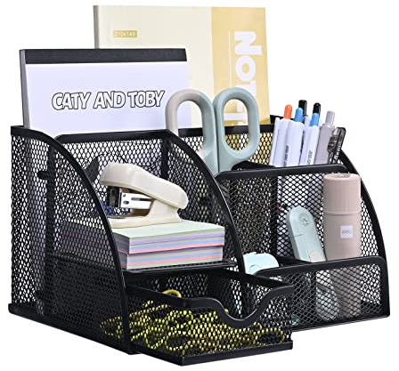 MumdoYAL Schreibtisch Organizer, Mesh Metall Büro Organizer mit Schublade und Stifthalter für Stifte, Haftnotizen, Hefter, Ordnerklammern, Schwarz