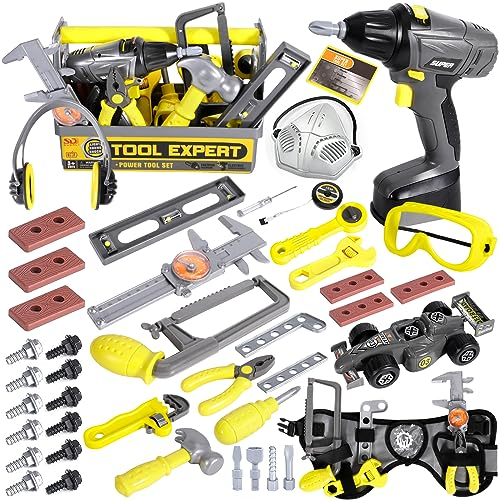 Caja Herramientas Juguetes,76 Piezas Herramientas Juguete con Taladro Eléctrico Juguete, accesorios y coche de montaje,Juego de construcción de Herramientas de Juguete para niños a partir de 3 Años