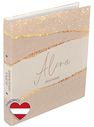 FEENSTAUB Personalisierte Zeugnismappe, Dokumentenmappe für Zeugnisse, Mappe mit Namen und Text, Zeugnisringbuch A4, Zeugnisordner, individuelle Zeugnismappe, Goldener Strand