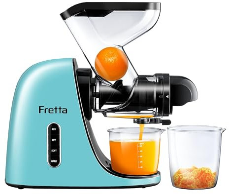 Fretta Extracteur de Jus à Pression à Froid, Goulotte d'alimentation Large de 76 MM, Presse-agrumes à Froid sans BPA, Extracteur de Jus de Fruits et Légumes, Recettes de Jus Incluses (Bleu Clair)