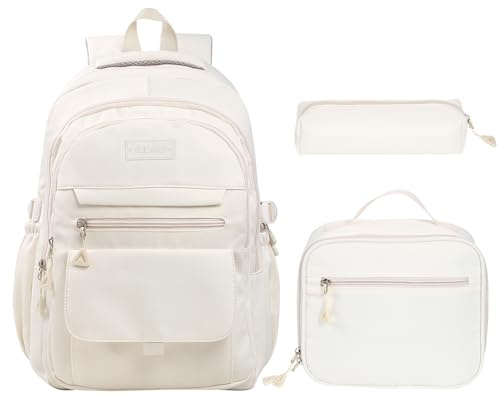 Phaoullzon Teen Girls School Backpack with Lunch Box for Boys, College Aesthetic Laptop Bookbag for Women,Beige