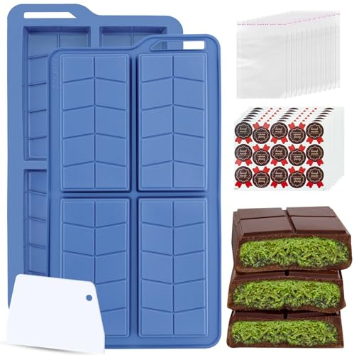 ZONBBEE Chocolate Bar Moulds Silicone Non Stick 0.82inch Deep,2 Pack Thick Dubai Shapes Chocolate Stuffed Bar Mold Kit for Filling Knafeh Candy with 100pcs Bags and 104pcs Stickers