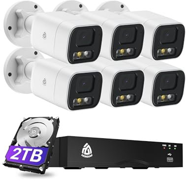 Akinguar 5MP Caméra de Surveillance Extérieure, Kit Vidéo Surveillance avec 8CH 2To NVR et 6X 5MP Caméra IP PoE, Détection de Personne et Véhicule, 30M Vision Nocturne en Couleur, Audio Bidirectionnel