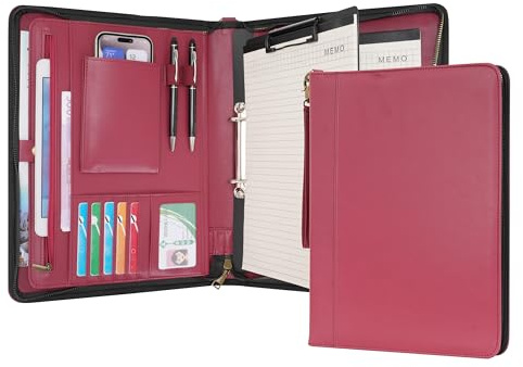 Wason A4 Reißverschluss Kunstleder Schreibmappen Padfolio mit abnehmbarem Ringbinder Portfolio und Schreibblock-Halter, Konferenzmappe mit Mehrfachtaschen für Büro Reise Schule (Rot)