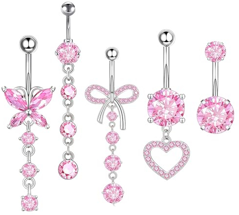 GWAWG Set med 5 navelpiercingar för kvinnor, navelpiercing i kirurgisk stål med fjäril och hjärta, navelpiercing i rostfritt stål, elegant navelpiercing som present för flickor