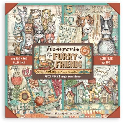 Stamperia - Scrapbook Paper Pad for Scrapbooking, Albums, Card Making, Bullet Journalling and More, Acid Free, Single Face, Perfect for Hobbies, Crafts, and Gifting (Furry Friends) (20.3 x 20.3cm)