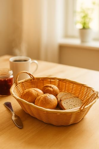 khevga Brotkorb oval 35×28×8 cm – abwaschbarer Kunststoff-Servierkorb für Brot & Brötchen, geflochtene Optik, leicht & robust– für Küche, Buffet, Café (1)