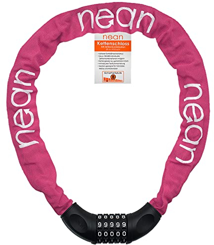 nean Fahrradschloss mit Zahlen, Kettenschloss hohe Sicherheitsstufe, Fahrradschloss Zahlenschloss mit Code, Fahrrad Schloss mit Kette aus gehärtetem Stahl, textilummantelt, pink, 6 mm x 900 mm