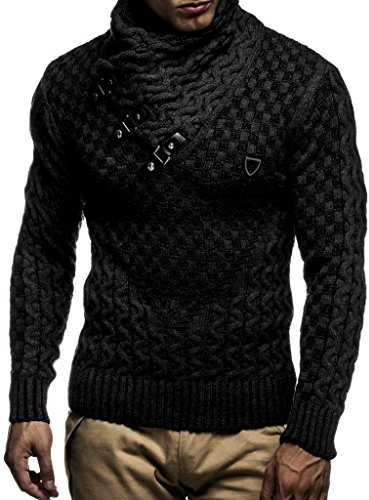 Leif Nelson Pull en maille pour hommes | Haut à manches longues coupe cintrée | Pull basique avec col châle et cuir synthétique, noir, XX-Large