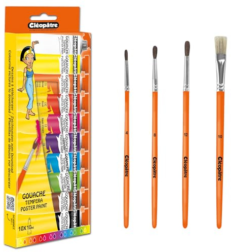 CLEOPATRE- Lot de 10 Tubes Peintures Gouache 10 ml Blanc, Jaune Primaire, Magenta, Bleu Primaire, Noir, Orange, Rouge vif, Vert, Violet et Marron. + 4 Pinceaux