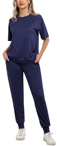Irevial Dam träningsoverall tvådelad joggingdräkt dam sportdräkt hemmadräkt loungewear fritidsoverall ledig mjuk elegant rund hals toppar och elastiska benmanschetter långa byxor sommar, A-marinblå, S