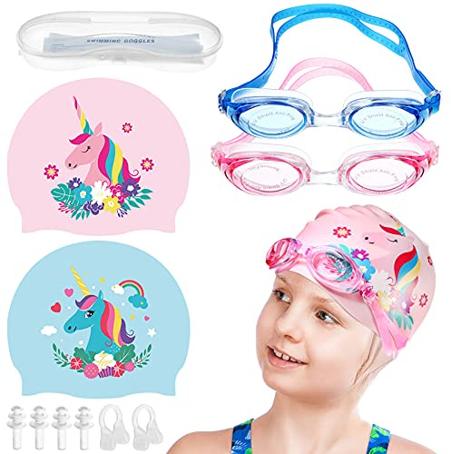 Geyoga 2 Set Swim Cap Kids Unicorn Silicone Waterproof Age 2-12 Cute 2 Swim Caps with 2 Goggles for Long Short Hair Kids Children Boys Girls Toddler at Beach Pool Fun Lessons