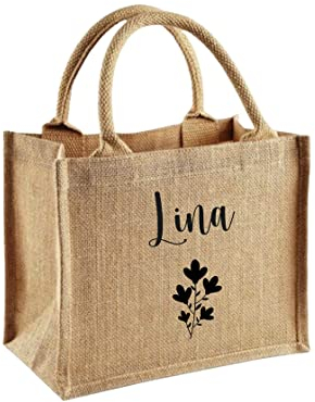 minimutz Jute-Tasche mit Blumen und Namen bedruckt | Kleine Geschenk-Tasche personalisiert zu Muttertag und Geburtstag | Mama Oma Geschenk Freunde S (26 x 22 x 14 cm)