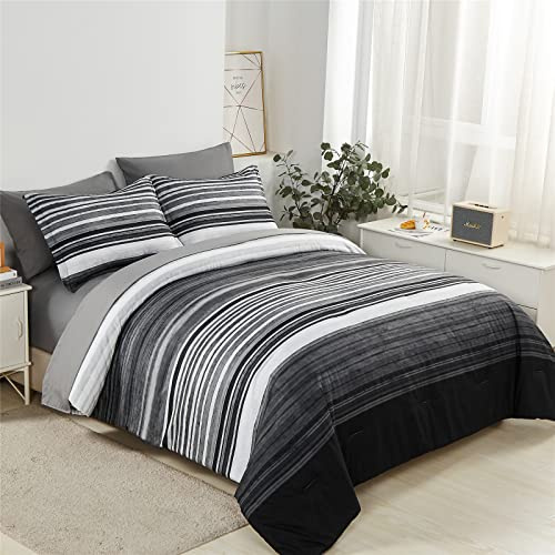 KAKIJUMN 7-delad säng i en väska randigt täcke set drottning storlek, vit grå svart lapptäcke randigt täcke och lakan, hela säsongen mjuk mikrofiber kompletta sängkläder set (grå, drottning)