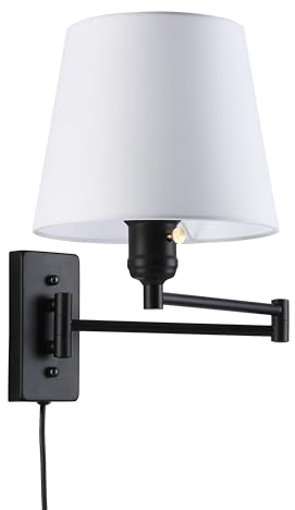 BarcelonaLED Applique murale à bras articulé noir nordique moderne avec câble de prise et interrupteur abat-jour en tissu blanc douille E27 pour lecture chambre chevet hôtel